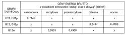 Tabela z cenami brutto energii elektrycznej dla taryf G11, G12 i G12w na IV kwartał 2025 roku