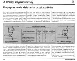 Wyciąg z czasopisma technicznego z tabelą i schematami pokazującymi czas włączania i wyłączania przekaźnika przy różnych układach zabezpieczających, w tym z diodą Zenera.