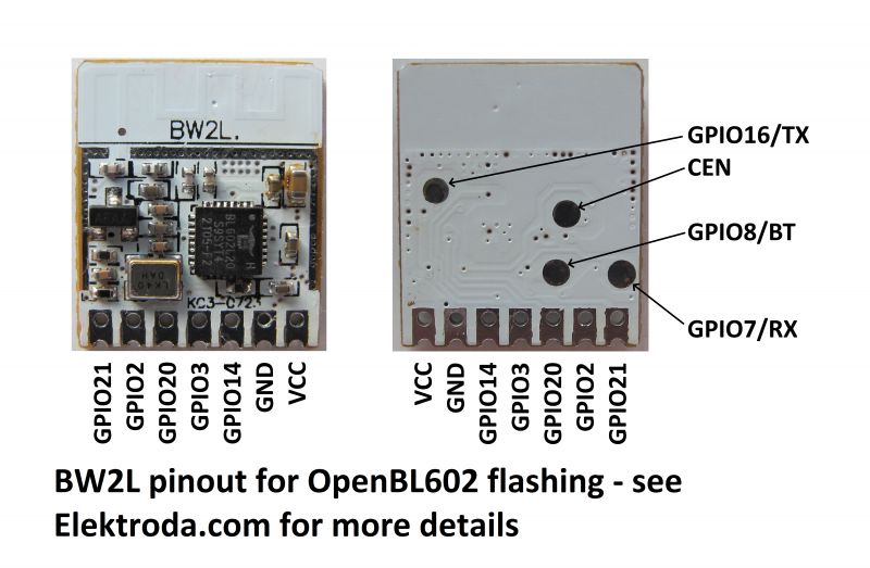 BW2L Module with Pin Description Front and back view of the BW2L module with labeled pins for OpenBL602 programming.
