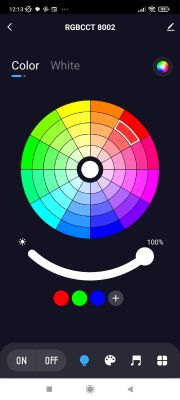 Color LED Lamp Control Screen in App App screen for controlling a color LED lamp.