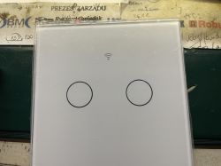 Touch-sensitive light switch with two buttons on a white panel.