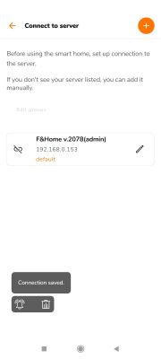 Smart home server connection screen in the F&amp;Home app.