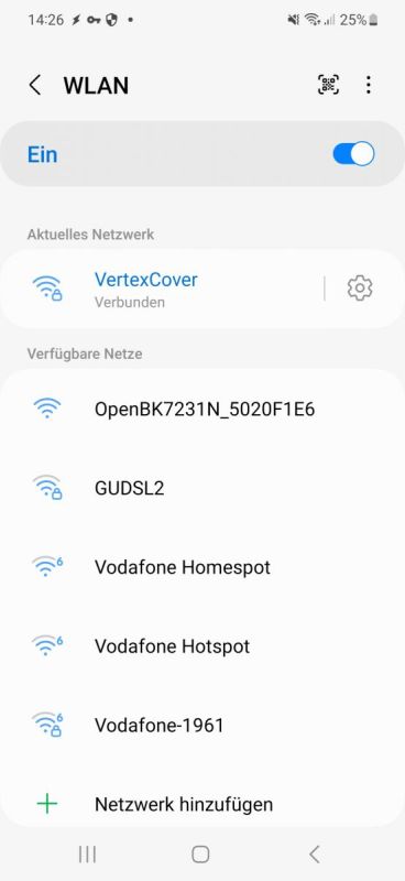 Screenshot of WLAN settings showing Wi‑Fi networks, including “OpenBK7231N_5020F1E6” and “Vodafone Hotspot”.