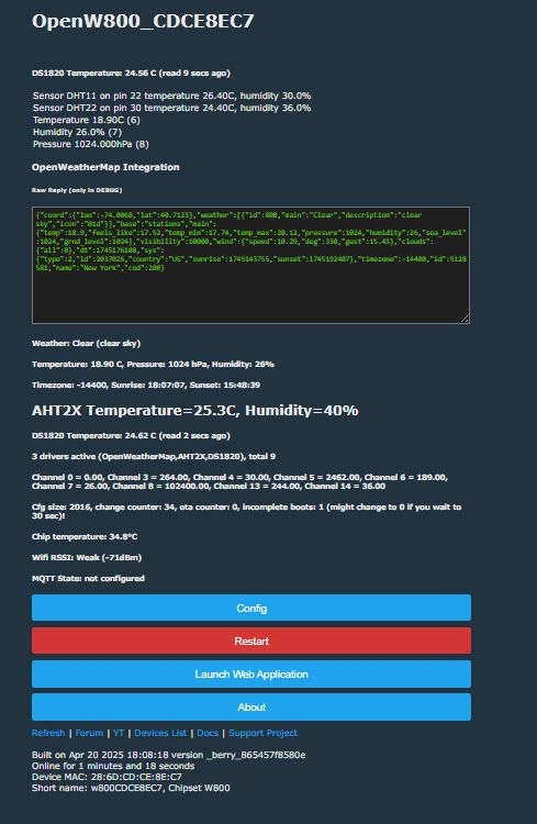 Screenshot of an IoT device control panel showing temperature and humidity sensor readings and configuration options.