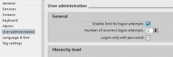 Zrzut ekranu ustawień administracji użytkowników z zaznaczoną opcją limitu prób logowania.