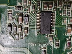 MPS2438 chip on green printed circuit board Close-up of a PCB with MPS2438 integrated circuit and surface-mounted components.