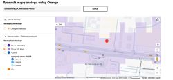 Zrzut ekranu mapy zasięgu Orange z pinezką przy ul. Górczewskiej w Warszawie