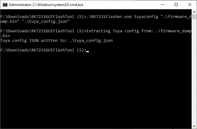 Windows Command Prompt screenshot showing BK7231Flasher extracting Tuya config to tuya_config.json