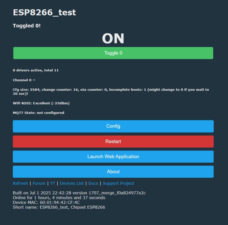 Web UI for “ESP8266_test” showing large “ON” status and a green “Toggle 0” button