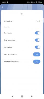 Alarm Settings Screen in App App settings screen showing battery level and alarm options.