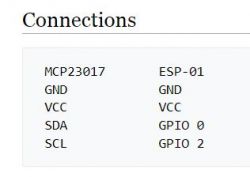 Tabela pokazująca połączenia MCP23017 z ESP-01.