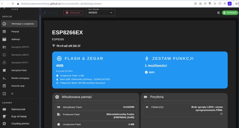 ESPConnect interface showing ESP8266EX data with 4MB flash and WiFi connection
