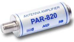 Wzmacniacz antenowy PAR-820 z gniazdami F i napisem HD, 3D na obudowie
