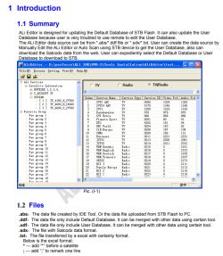 Screenshot of ALiEditor software showing channel list and satellite settings