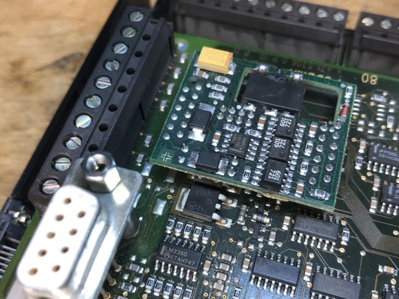 Interior of the old Saia PCD2.M120 automation controller with expansion modules