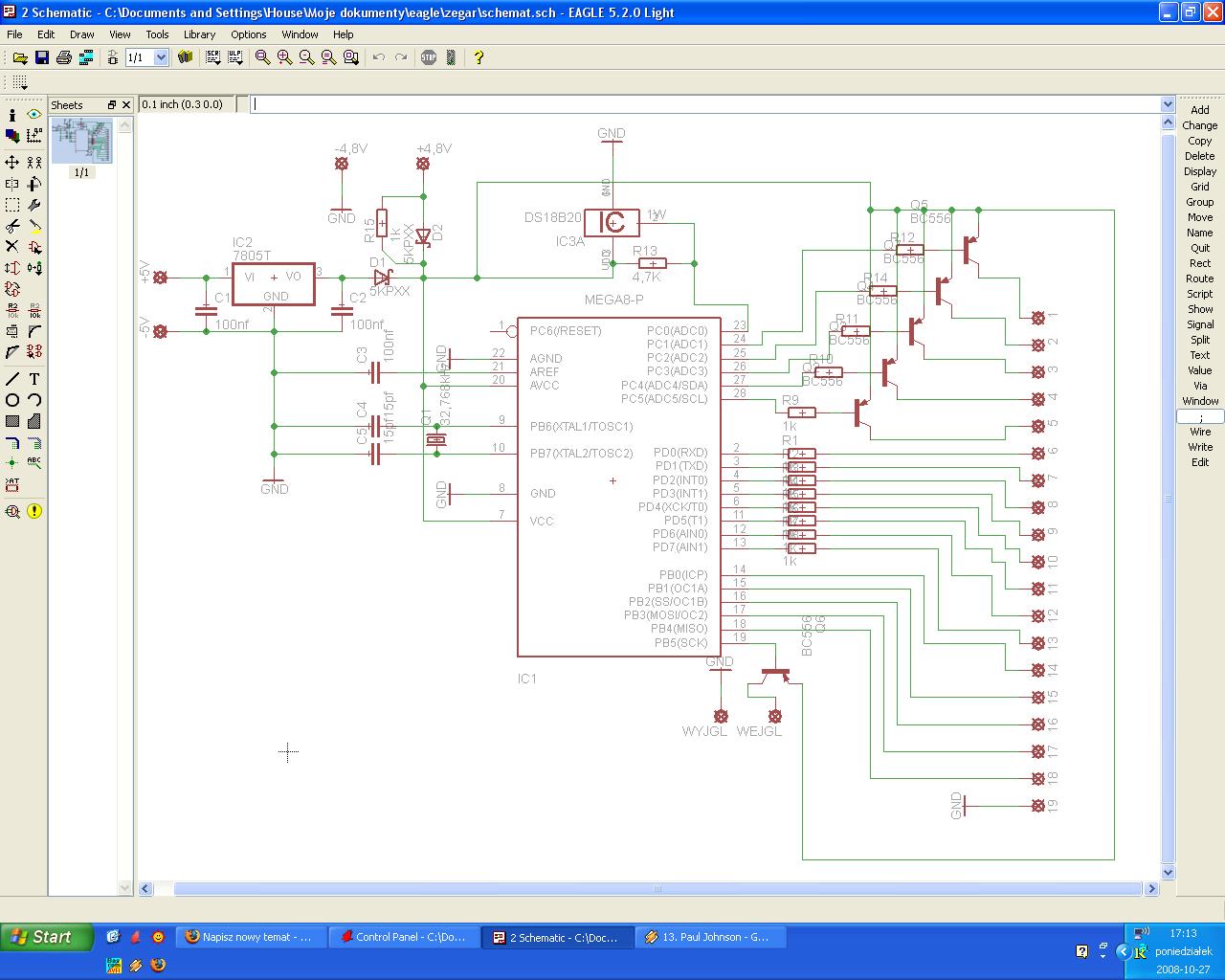 Sprawdzenie schematów i programu zegarka LED z budzikiem na ATmega8