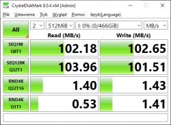 Zrzut ekranu z wynikami testu dysku w programie CrystalDiskMark.