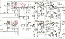 Fragment schematu elektronicznego z zaznaczonymi czerwonymi kółkami i napisem „20V”