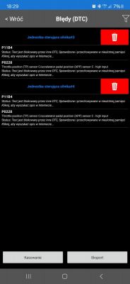 Zrzut ekranu z aplikacji diagnostycznej pokazujący kody błędów silnika P11B4 i P0228 dla jednostek sterujących silnika.