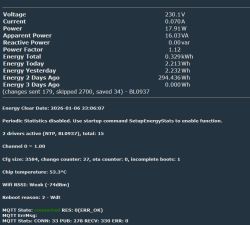 Screenshot of a metering device showing energy stats and MQTT connection status