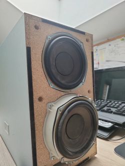 Zbliżenie na subwoofer z dwoma głośnikami w drewnianej obudowie.