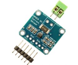 INA219 Current and Voltage Sensor Module INA219 current and voltage sensor module with pin header and green terminal block.