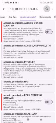 Zrzut ekranu z aplikacji Android pokazujący przyznane i cofnięte uprawnienia aplikacji