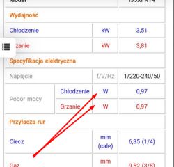 Zrzut ekranu z tabeli parametrów technicznych urządzenia, z zaznaczonymi niezgodnościami w jednostkach mocy.