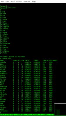Screenshot showing a serial console menu with a list of commands and threads.