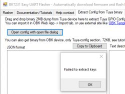 Error Message in BK7231 Easy UART Flasher Screenshot of the BK7231 Easy UART Flasher program with an error message.