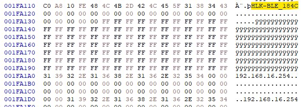 A section of a hex editor with the text HLK-BLE_184C visible and IP addresses shown.