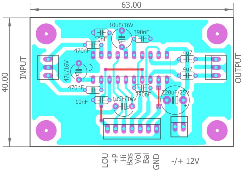 Schemat płytki drukowanej PCB z opisanymi elementami elektronicznymi oraz złączami wejścia i wyjścia.