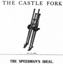 Czarno-białe zdjęcie przedniego widelca Castle z reklamą.