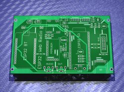 3D render of a green PCB labeled for ESP32 modules, audio, USB, SD, and encoder connectors