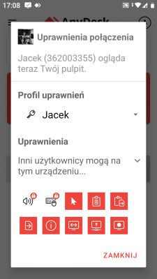 Zrzut ekranu z aplikacji AnyDesk pokazujący ustawienia uprawnień połączenia. Użytkownik Jacek ogląda pulpit i ma wybrany profil uprawnień. Ikony, w tym myszka, są wyszarzone.