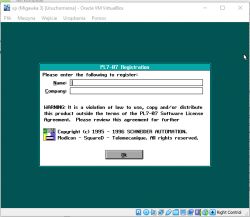 Okno „PL7-07 Registration” z polami Name i Company w maszynie wirtualnej Windows XP