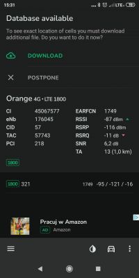 Zrzut ekranu z aplikacji pokazujący szczegóły połączenia sieci Orange 4G LTE.