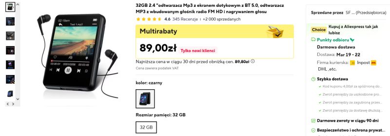 Zrzut ekranu oferty: czarny odtwarzacz MP3 32 GB z ekranem dotykowym i słuchawkami, cena 89,00 zł