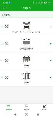 Ekran aplikacji Supla z ikonami sterowania bramą i furtką