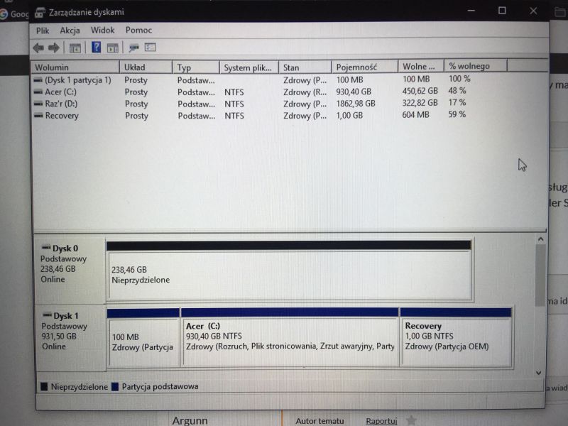 Acer VX5-591G-58TC nie wykrywa dysku Adata SU800 m.2 w zarządzaniu dyskami