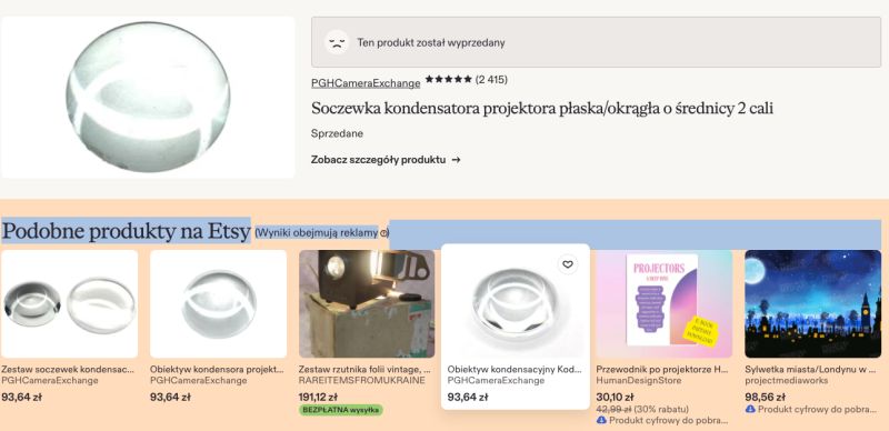 Zrzut ekranu z Etsy: oferta sprzedanej soczewki kondensatora projektora 2 cale i podobne produkty