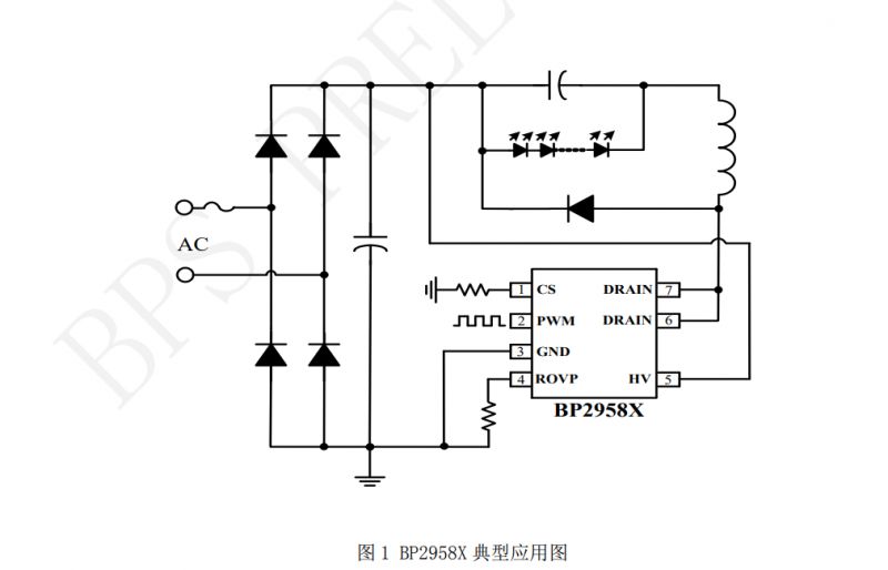 Block diagram with BP2958X circuit for power and energy conversion.