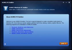 Zrzut ekranu narzędzia AOMEI PE Builder z opisem jego funkcji.