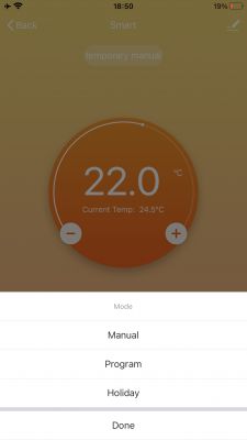 Room Thermostat Management Screen Screen of a room thermostat app with temperature set to 22.0°C and current temperature at 24.5°C.