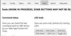 View of the web app tool interface with buttons for testing LEDs.