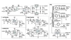 Schemat wzmacniacza audio 2.1 z LM1875, TDA7294, TL072 i blokiem zasilacza PSU