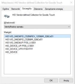 Okno właściwości dla urządzenia HID Vendor-defined Collection for Goodix Touch.