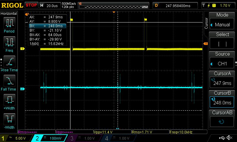 Rigol oscilloscope screenshot with yellow digital and blue analog waveforms
