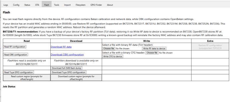 Screenshot of the “Flash” tab showing a table with read, download, and write options for RF/OBK configuration