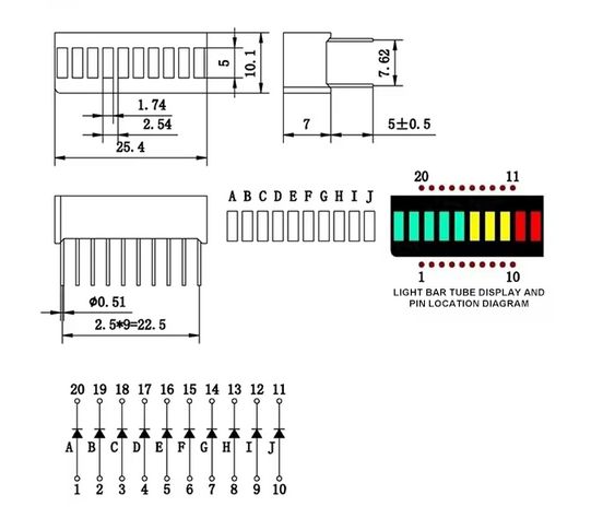 Technical diagram of an LED bar graph display with pin numbering and dimensions.
